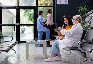 physician examining xray with patient in a clinical setting
